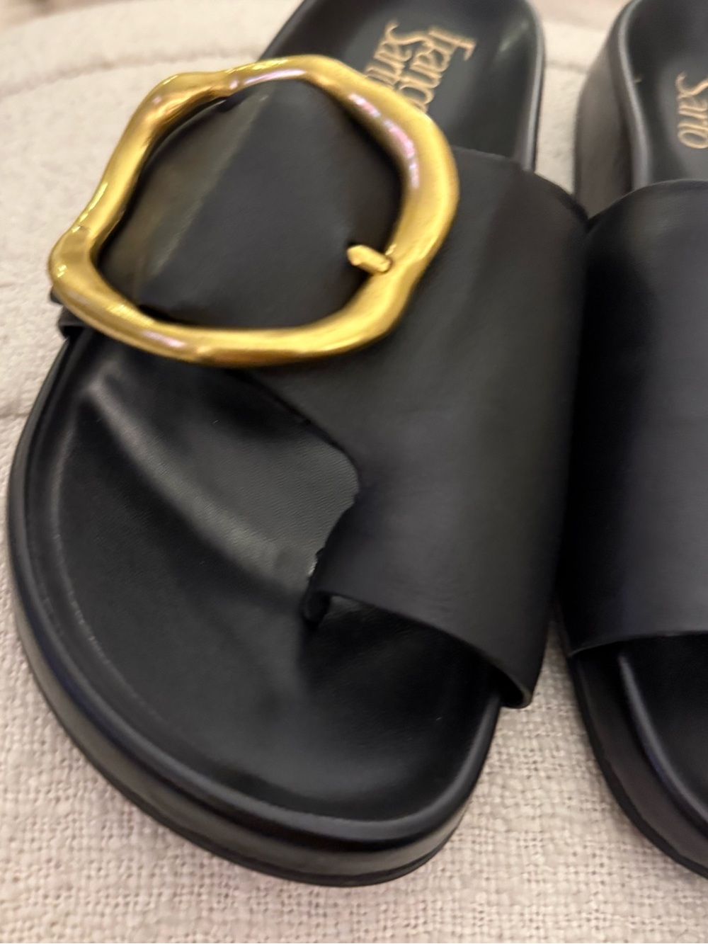 NEW Size 8- Franco Sarto Black Slide Sandals with Gold Accent Buckles - Picture 5 of 6